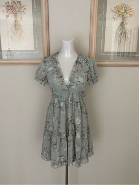 Sage Green Floral Ruffle Mini Dress